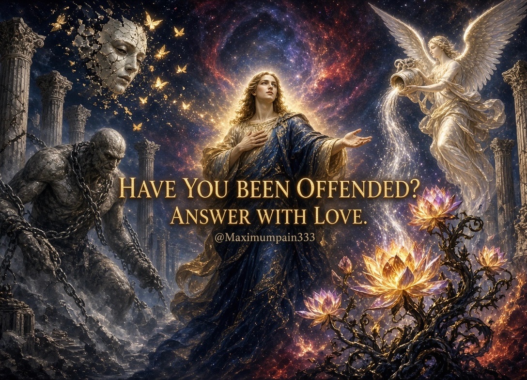 maximumpain333's tweet photo. HAVE YOU BEEN OFFENDED? ANSWER WITH LOVE.

Offense is the ego’s first language. It is the small self declaring, “I have been diminished.” Yet the soul does not diminish. What feels wounded is only the story you have been telling about who you are.

When the arrow of another’s words or actions strikes, do not clutch it. Do not polish it into a weapon of your own. Breathe. Descend beneath the surface of reaction into the still water where the Higher Self waits. There, offense dissolves like mist before the rising sun.

Love is not weakness. It is the original force that holds galaxies and atoms in their dance. To answer offense with love is to remember that the one who wounded you is also a fragment of the same Infinite, lost for a moment in their own forgetting.

See the pain behind their strike. See the child still crying in the adult. See the soul that has not yet remembered its own radiance. Then speak, or remain silent, from that seeing. Let your reply be a lantern rather than a sword.

This is the mystic’s alchemy: to take the lead of injury and turn it into gold of compassion. Not because the other “deserves” it, but because you refuse to live as anything less than what you truly are.

The world will keep offering you reasons to close. Answer anyway with an open heart. That is how the veil thins. That is how the sacred returns.