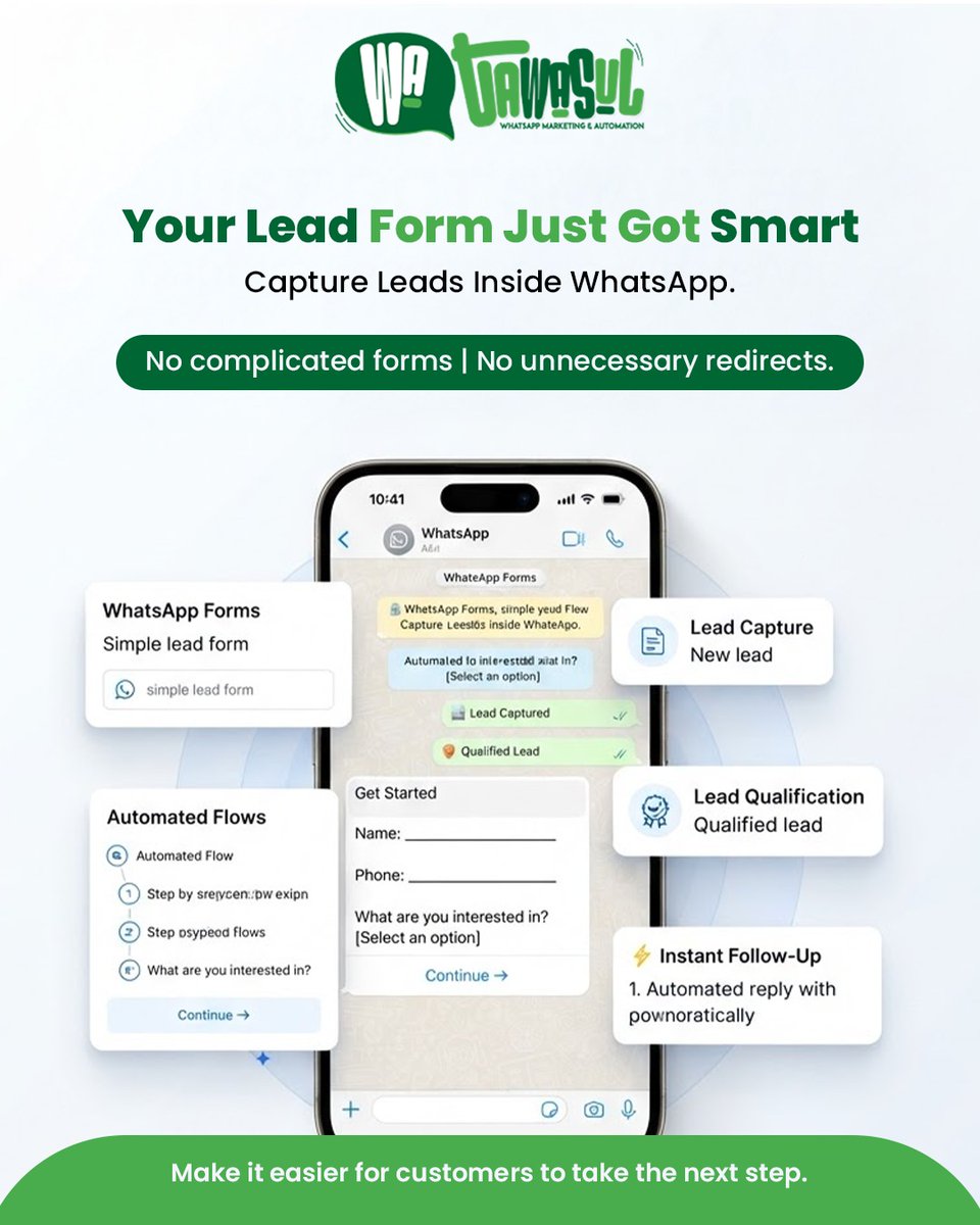 creativeiinc's tweet photo. 💬 Your lead form just got smarter! 🚀

Capture, qualify &amp; follow up with leads directly inside WhatsApp — no complicated forms or redirects.

🌐 https://t.co/iD3yzixy4k
📞 +971 55 869 4287 | 📲 @creativeiinc

#WaTawasul #WhatsAppMarketing #LeadGeneration #Automation #UAE https://t.co/fg0cYMD0Hb
