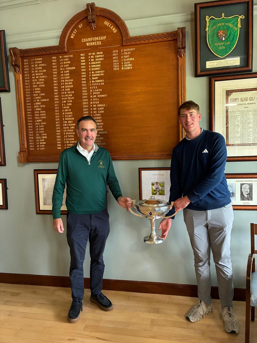 CountySligoGC's tweet photo. We love when our champions come back to say hello. 🏆

2026 Connolly Motor Group West of Ireland Champion Mark Cadden of Roganstown returned to County Sligo, where he claimed his memorable victory last Easter, and caught up with Club Captain Hugh Arnold to reminisce! https://t.co/iK94Xg3dQ4