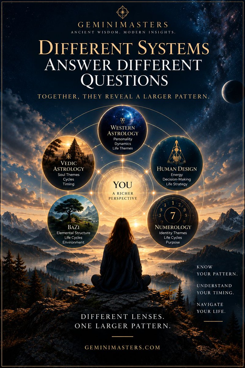 geminimasters25's tweet photo. Five systems don't mean five votes.

Western, Vedic, Human Design, BaZi and Numerology reveal different dimensions of the same person.

GeminiMasters looks across them for recurring patterns, meaningful differences and context.

Different lenses. One larger pattern. https://t.co/TpeznF0KIl
