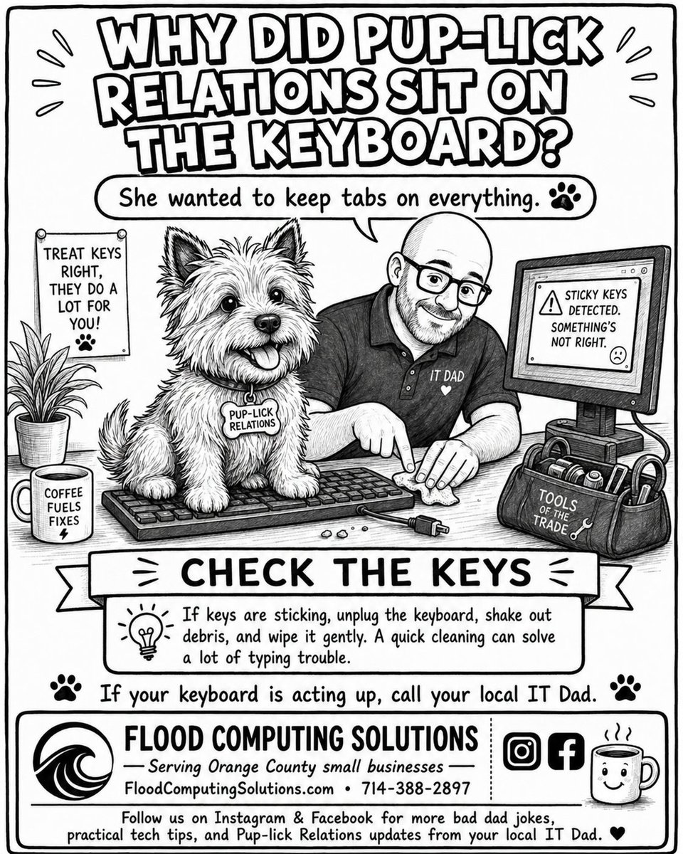 FloodComputing's tweet photo. Sticky keys causing trouble? 🐾 Your local IT Dad helps Orange County small businesses with keyboards, computers, Wi-Fi, printers, and everyday tech headaches. Flood Computing Solutions | 714-388-2897 #OrangeCounty #OCBusiness #SmallBusiness #ITSupport https://t.co/i6UAq2iAQW