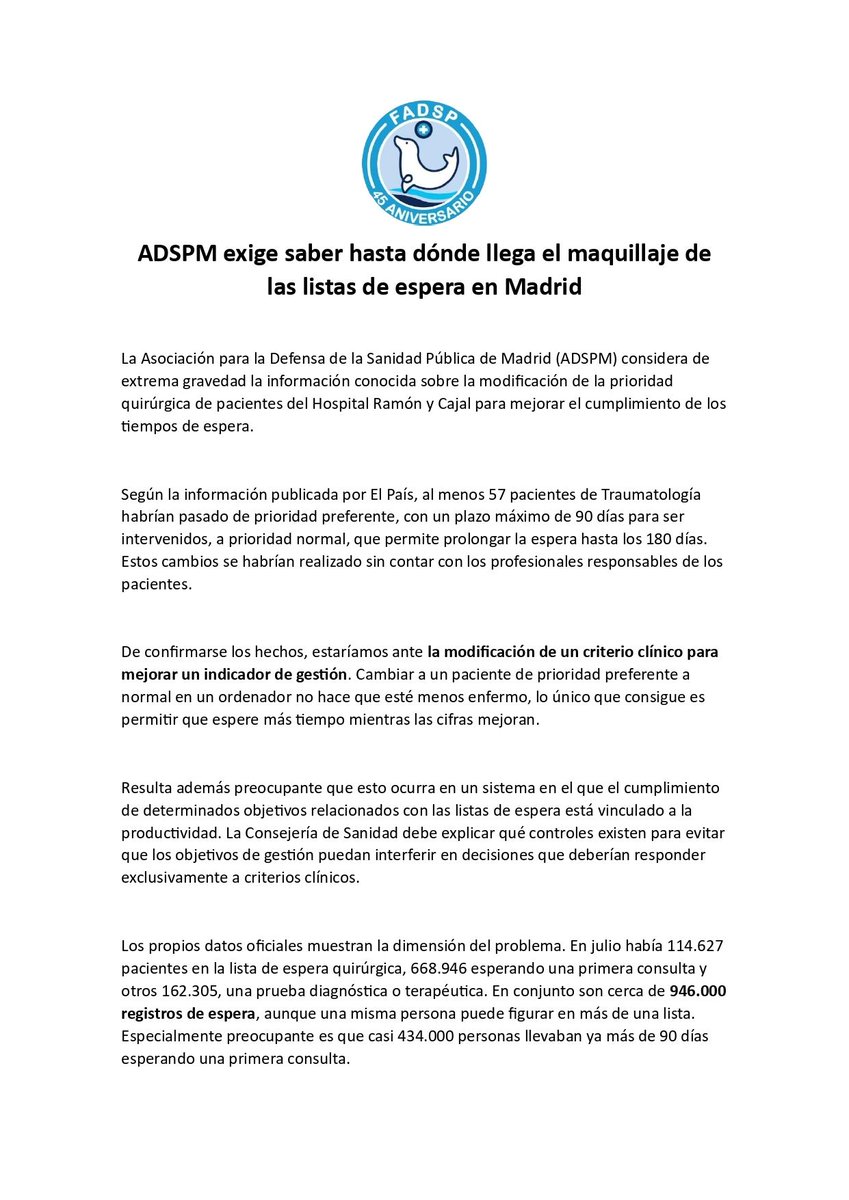 FADSPU's tweet photo. 🚨 Las "matemáticas alternativas" del gobierno de la Sra. Ayuso juegan con la salud de los madrileños 🚨 

La ADSPM se pronuncia ante la gravedad de la noticia publicada hoy en @el_pais sobre el maquillaje en las listas de espera del Hospital Ramón y Cajal de la CAM. https://t.co/equVS0JTqt