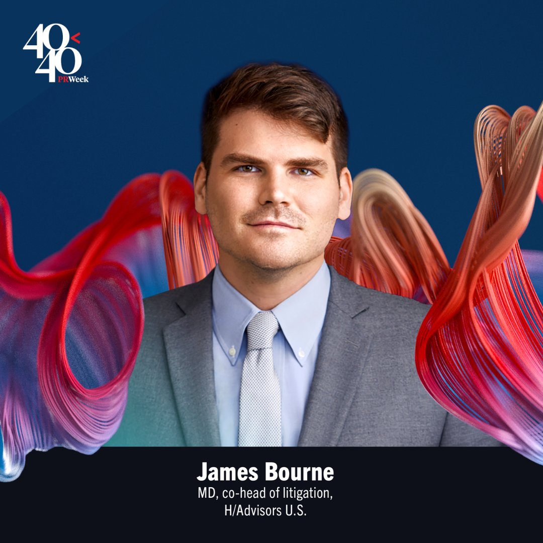 PRWeekUS's tweet photo. Cheers to James Bourne, MD, co-head of litigation communications at H/Advisors U.S., for being named a #PRWEEK40UNDER40 2026 honoree! Celebrate this incredible achievement with us at the big event: https://t.co/8ohIq8DUwo https://t.co/iKaZXxWfVm