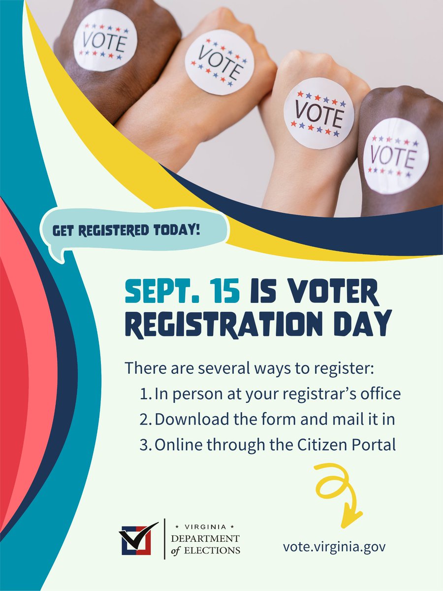 vaELECT's tweet photo. Don’t wait to register to vote. Sept. 15 is National Voter Registration Day.

Use this as a reminder to either register for the first time or update your registration information.

You can register in person at your local registrar’s office or online at https://t.co/7MyJjcbKoE. https://t.co/StfWDEMLf2