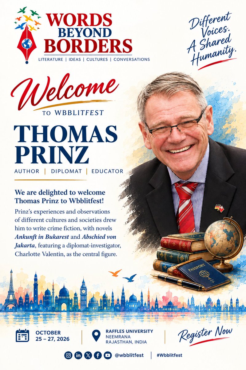 WBBLITFEST's tweet photo. We’re delighted to welcome #ThomasPrinz and look forward to discovering the fascinating intersection of diplomacy, culture, crime and storytelling in his work.

#WBBLitFest #WordsBeyondBorders https://t.co/hRIo0W9hKZ