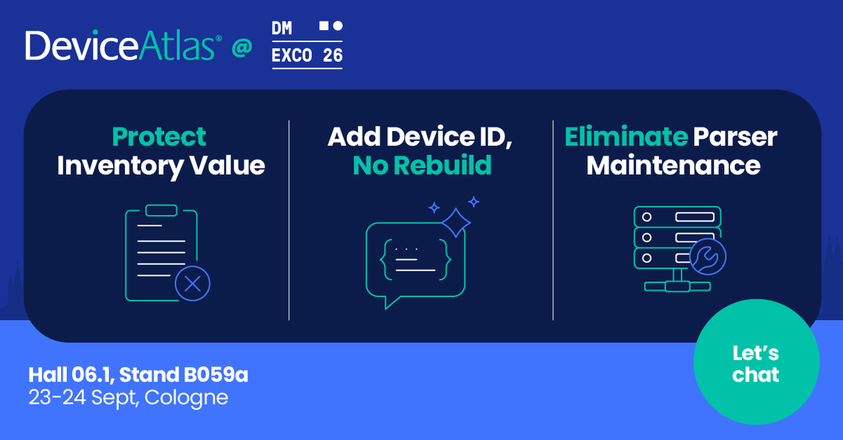 Device_Atlas's tweet photo. Misclassified inventory hurting your CPMs? Need device ID without a rebuild? Can't keep up with the #CTV device long tail? Bring your challenge to Stand B059a.

We're at #DMEXCO2026, Hall 06.1, Sept 23–24 — let's work through it in person: https://t.co/nACPEO9Ze7 https://t.co/qr0kk2jTdJ