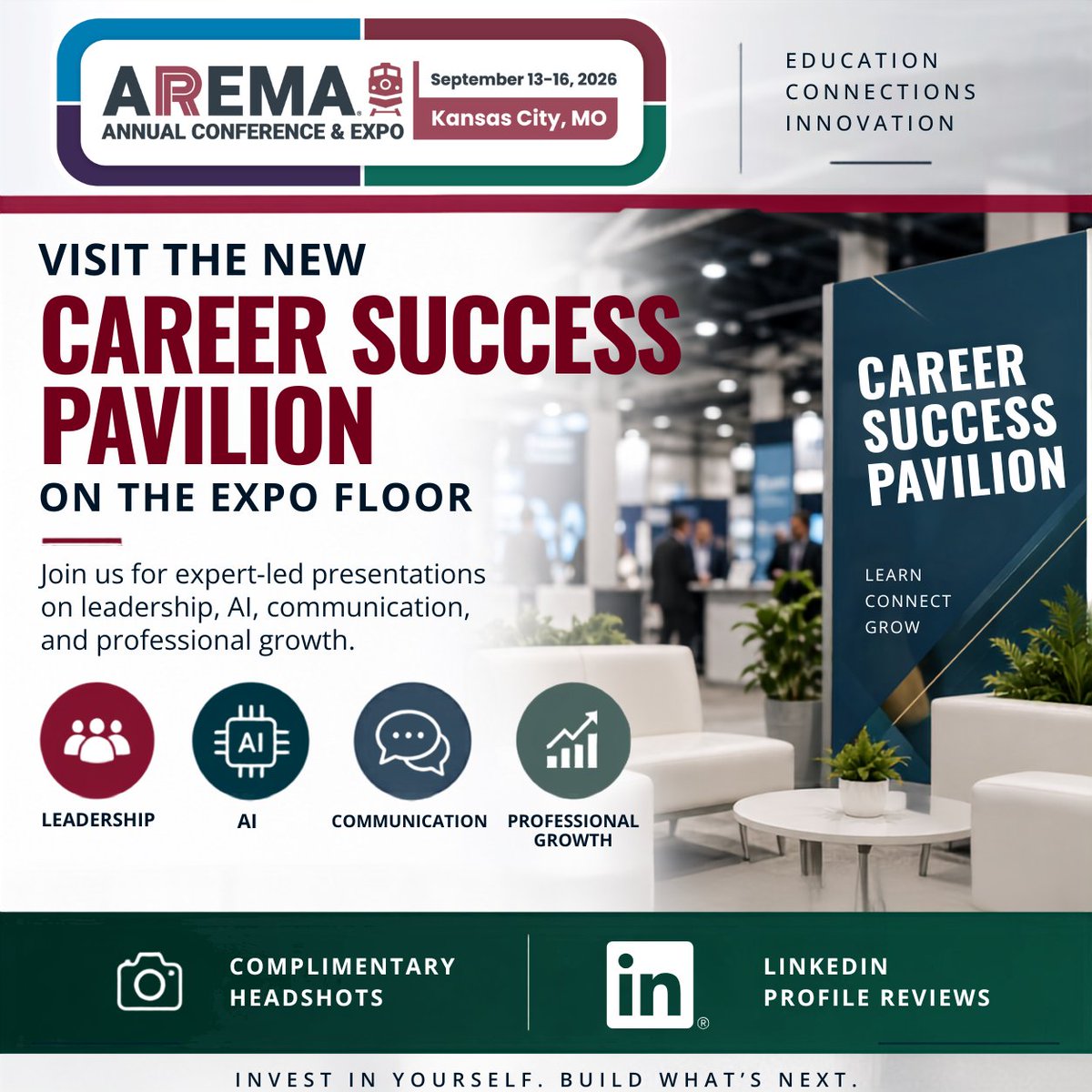 AREMArail's tweet photo. Visit the new Career Success Pavilion on the Expo floor for expert-led presentations on leadership, AI, communication, and professional growth. Plus, take advantage of complimentary headshots and LinkedIn profile reviews to strengthen your professional presence.

#AREMA2026 https://t.co/bPNOo7Tdqp