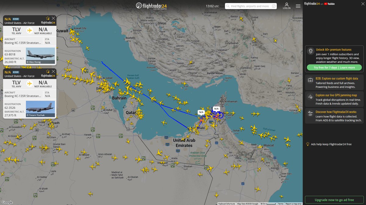 AIYeyENGDdJkjTr's tweet photo. Sept. 15, 2026
#Al-Udeid Air Base ==> #Gulf of Oman
#NoCALLSIGN #AED555 USAF KC-46A Pegasus
#NoCALLSIGN #AFA175 USAF KC-46A Pegasus
#Ben Gurion ==> #Musandam Peninsula
#NoCALLSIGN #AE050A USAF KC-135R Stratotanker
#NoCALLSIGN #AE0629 USAF KC-135R Stratotanker https://t.co/6ntLNoX8Du