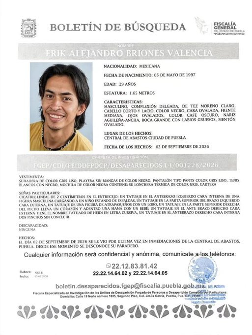 analisistv82835's tweet photo. 🚨
Erik Alejandro Briones Valencia, de 29 años, es el segundo estudiante de la #BUAP desaparecido desde el pasado 2 de septiembre, fue visto por última ocasión en la Central de Abasto, en Puebla capital.
Este lunes, estudiantes se manifestaron en #CU para exigir su localización. https://t.co/UQ1noiGHH8