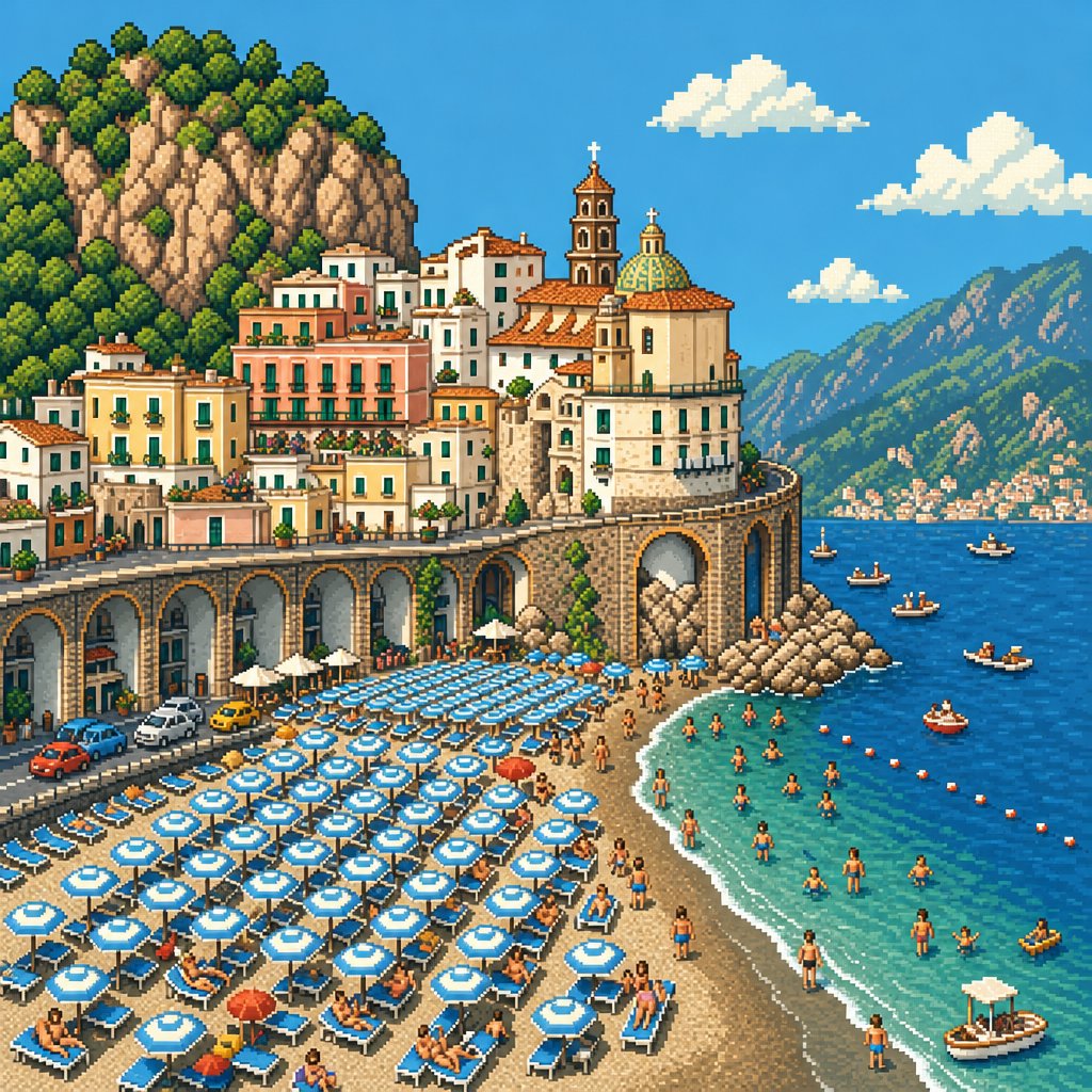 sickbitsio's tweet photo. Amalfi beach 🌊🇮🇹 rows of blue umbrellas, terracotta rooftops stacked up the cliff, and a coastline that just keeps unfolding

#amalfi #italy #beachday #travelart #digitalart #artistsoninstagram https://t.co/mk9wQKcZv6