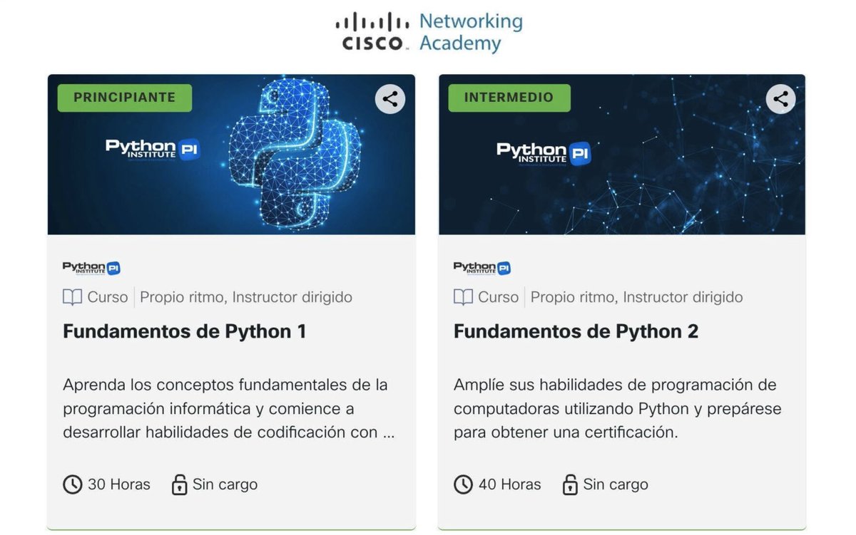 midudev's tweet photo. ¡Cisco REGALA 2 cursos de Python en Español!
Gratis, desde cero y con certificado al terminar.

✓ 70 horas (principiante + intermedio)
✓ 30 prácticas de laboratorio
✓ A tu ritmo, sin fecha límite

Dos niveles: principiante e intermedio
https://t.co/MOWKSCpSYT https://t.co/IZEnZgxrM4