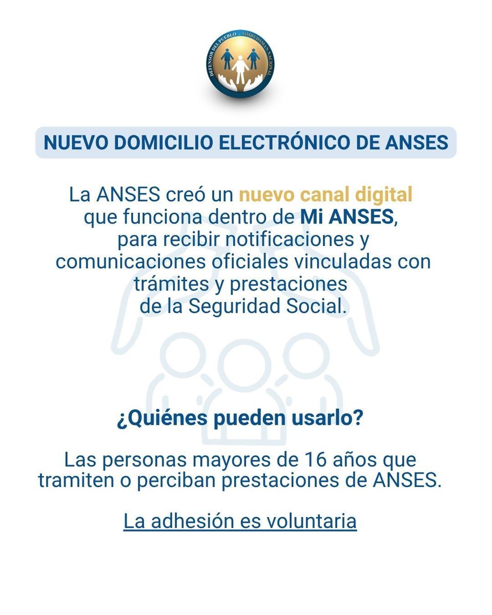 DPNArgentina's tweet photo. La @ansesgob habilitó el Domicilio Electrónico, un canal digital en Mi ANSES para recibir notificaciones oficiales de trámites y prestaciones
👥 Para mayores de 16 años. Adhesión voluntaria. 
¿Problemas con la implementación? 
Escribinos por WhatsApp al 💬 1137624961 https://t.co/rsfUip1CkV