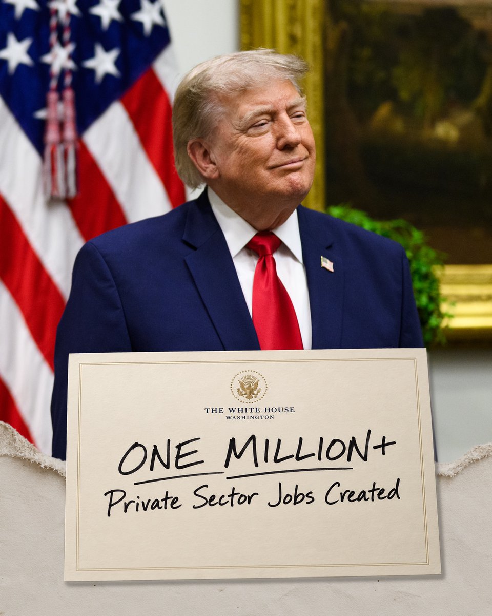 WhiteHouse's tweet photo. A revitalized private sector job market thanks to pro-growth policies.

Tens of trillions invested in our economy, re-shoring American jobs, and a manufacturing boom are yielding MASSIVE results in private sector job growth for Americans. https://t.co/OAwl1NgD8Y