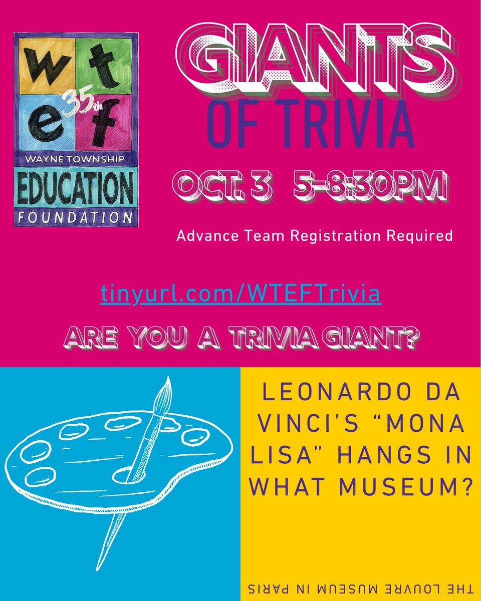 WayneTwpEdFound's tweet photo. 🧠This Trivia Training Tuesday question will get your artistic wheels turning!🧠 We still have tickets available for our Giants of Trivia event October 3rd - learn more here: https://t.co/R0yjHBaLUr #wearewayne @WayneTwpSchools https://t.co/zEOf3zKyWK