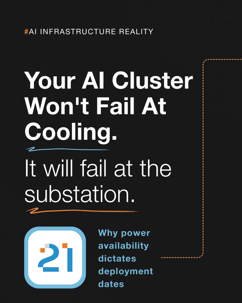 connect21_ae's tweet photo. One AI rack now draws what an entire traditional row once did. Teams size compute and cooling first, then discover the substation is the actual constraint. Power sets the deployment date.

#PowerDensity #Connect21 https://t.co/LTTusHbtME