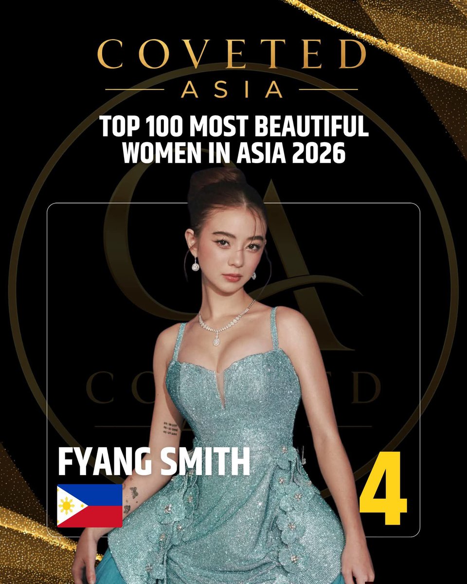 marifyang's tweet photo. Top 4: Sofia Smith (Philippines)

From social media sensation to one of the Philippines’ fastest-rising young stars, Sofia “Fyang” Smith popularly known as the "Anakabogerang Influencer ng Mandaluyong," is one of the most prominent Gen Z breakout stars in the Philippines. In Coveted Asia, she earns her place as the Top 4 Most Beautiful Woman in Asia 2026! With over 2 million votes, Fyang Smith garnered 7.34% of the total votes.

Fyang captured the hearts of millions when she was crowned the Big Winner of Pinoy Big Brother: Gen 11 in 2024, securing an impressive 30.66% of the public votes and becoming one of the most talked-about personalities of her generation.

Since her historic win, she has continued to expand her career in entertainment, evolving from a content creator and influencer to television personality, actress, and recording artist, earning the Best New Female TV Personality award at the 38th PMPC Star Awards for Television, a significant early milestone in her entertainment career. In addition, she is the Promising Female Star of the Year at the recent VP Choice Awards. Her performance in "Ghosting" earned her a prestigious nomination for Outstanding Asian Star at the 21st Seoul International Drama Awards, matching nominations alongside seasoned industry heavyweights.

Her movie, Almost Us, earned over ₱5 million on its opening day and surpassed the ₱23 million mark by its second week, eventually pushing past ₱30 million as it extended its run in 127 cinemas nationwide. 

In 2025, she launched her five-track debut EP, Forever Fyang, with singles “Mishu (Nasaan Si Fyang?)” and “Tayo Hanggang Dulo” claiming the top two spots on the iTunes Philippines songs chart.

With her authenticity, charisma, fearless personality, and rapidly growing influence, Fyang represents the voice and energy of a new generation. Her Top 4 recognition is more than a celebration of beauty, it is a tribute to a young Filipina star whose journey from the digital world to mainstream entertainment continues to inspire millions.

#Top100MostBeautifulWomenInAsia2026
#CovetedAsia