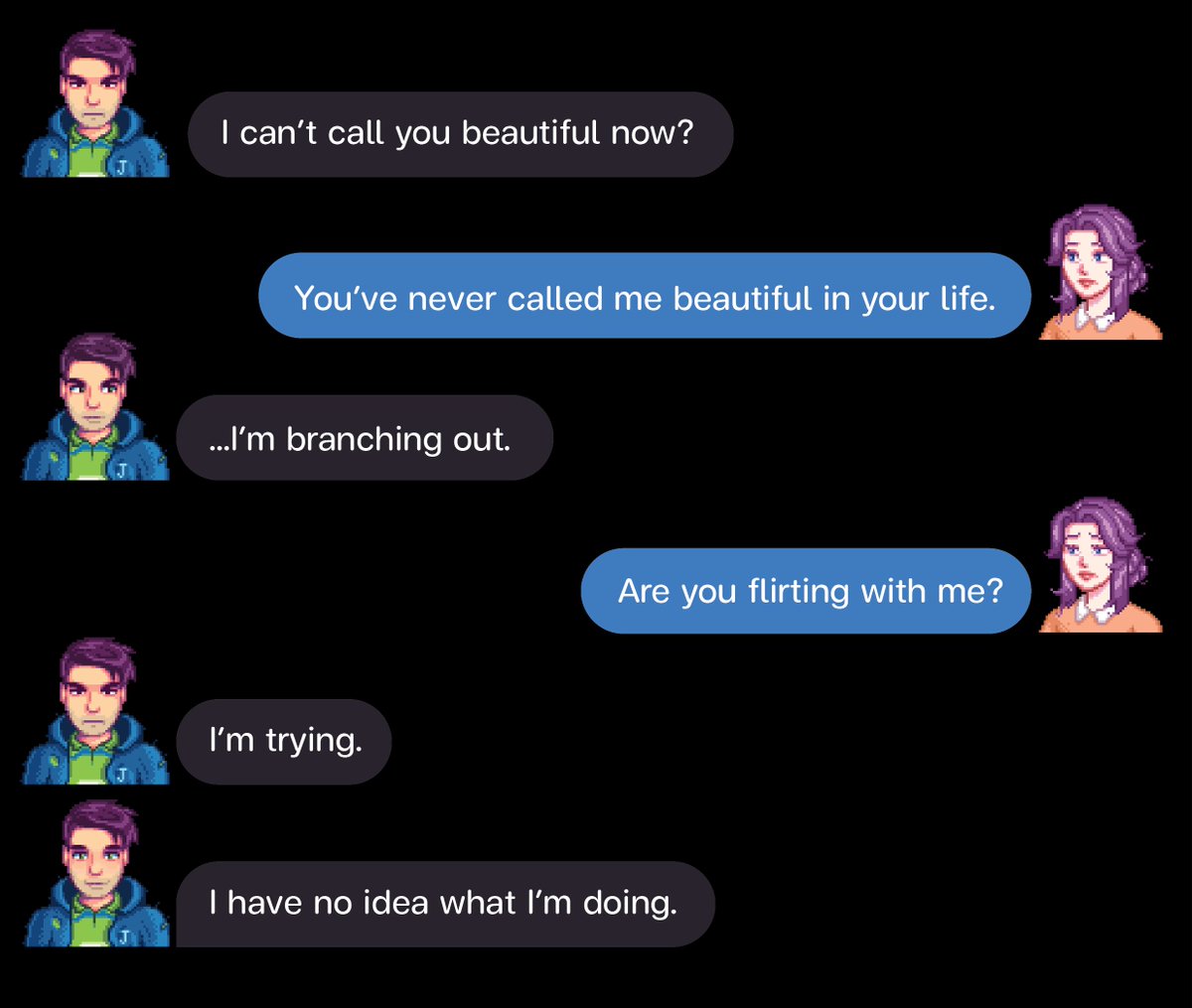 jeantiffexe's tweet photo. First time calling her beautiful and she already said no. Would you keep going?🤭
#stardewvalleyshane
#sdvshane https://t.co/hvKsYfGi9M
