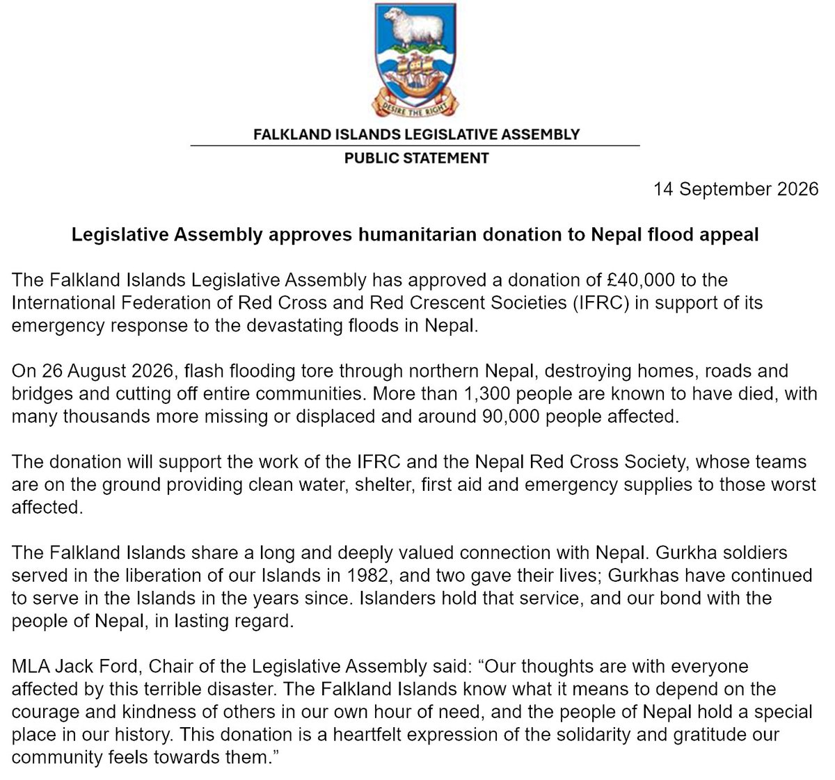 FalklandsRepUK's tweet photo. The Falkland Islands Legislative Assembly has approved a donation of £40,000 to the International Federation of Red Cross and Red Crescent Societies in support of its emergency response to the devastating floods in Nepal. 🇫🇰🤝🏻🇳🇵 https://t.co/ELjXCxuMJ5