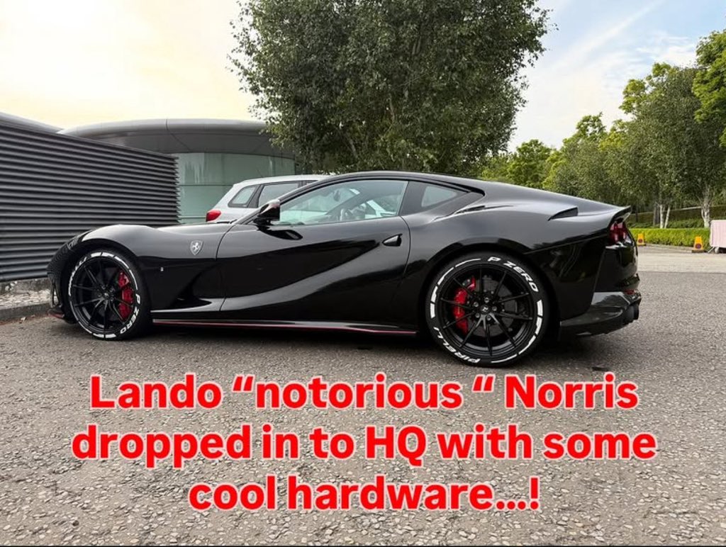 ln4norris's tweet photo. lando pulling up to MTC in a different ferrari everytime kills me 😭😭😭 https://t.co/sS01iEf41p