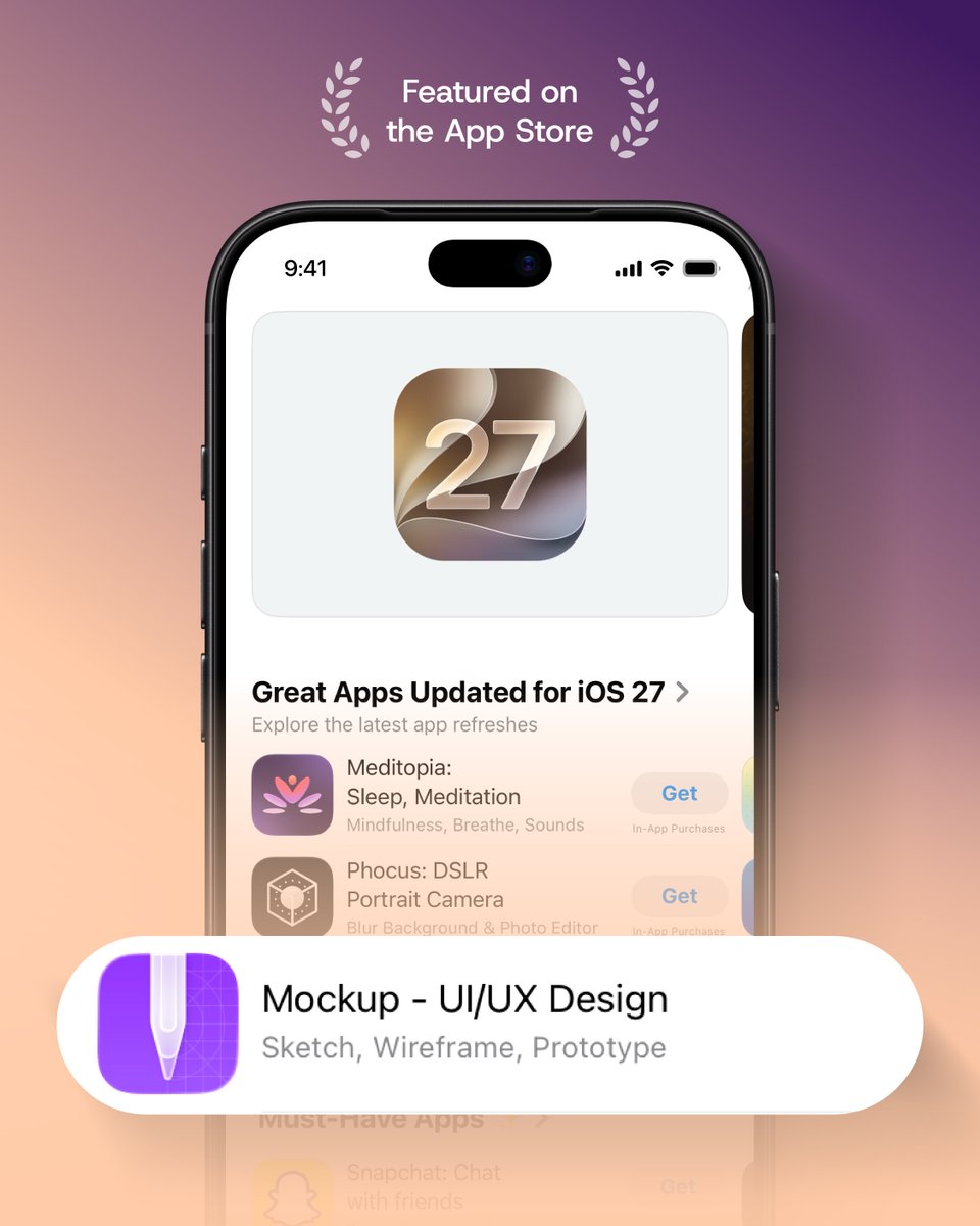 MockupApp's tweet photo. Mockup is featured across the App Store for iOS 27 and macOS 27. 🥳

From great apps updated for iOS and macOS, to the new Image Playground experience in Mockup, it’s special to see the app recognized in more than one place. 🙌

Thank you to everyone designing with us. 💜 https://t.co/7a6AIoAfhR