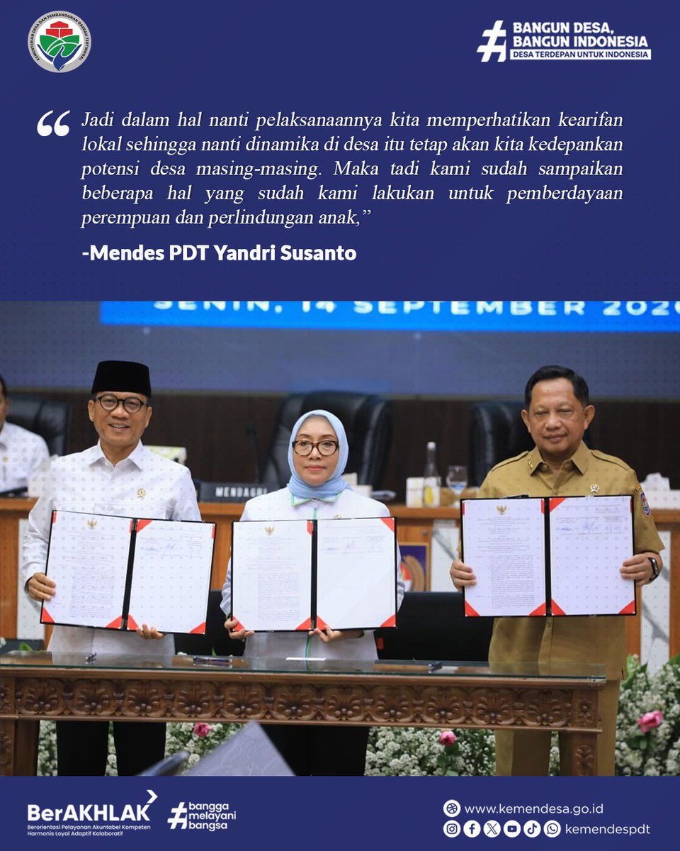 annocannoc's tweet photo. Mendes PDT Yandri Susanto bersama Menteri Dalam Negeri dan Menteri PPPA menandatangani SKB tentang Ruang Bersama Indonesia (RBI) untuk memperkuat pemberdayaan perempuan dan perlindungan anak di desa dan kelurahan. https://t.co/1oS3Do0dPb