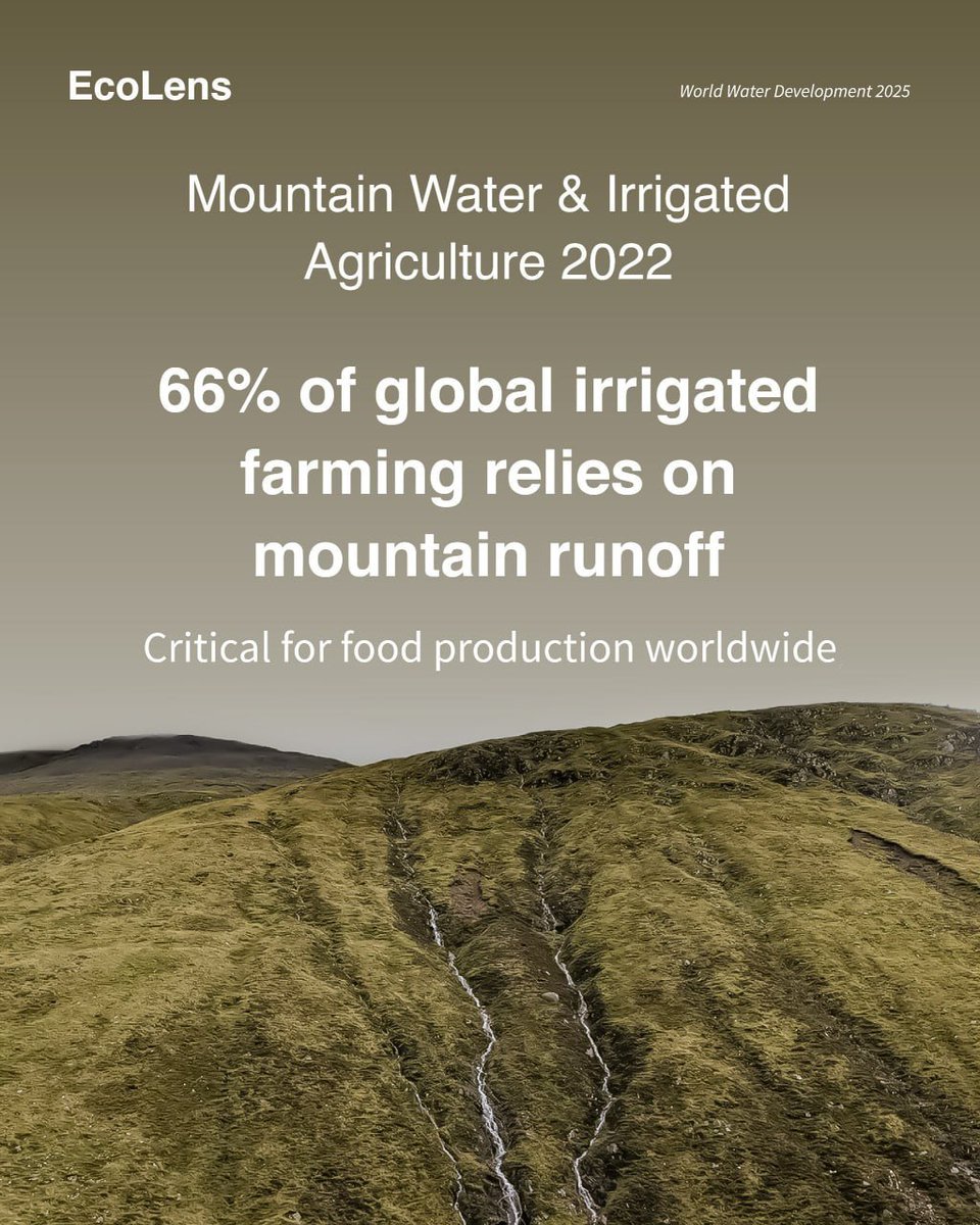 EcoLensProject's tweet photo. 🌾66% of global irrigated farming relies on mountain runoff; Making these highland waters essential to food production around the world.
What begins as water in the mountains can end up on tables far beyond them.💧

#Agriculture
#WaterDevelopment https://t.co/TC5TnytBmv
