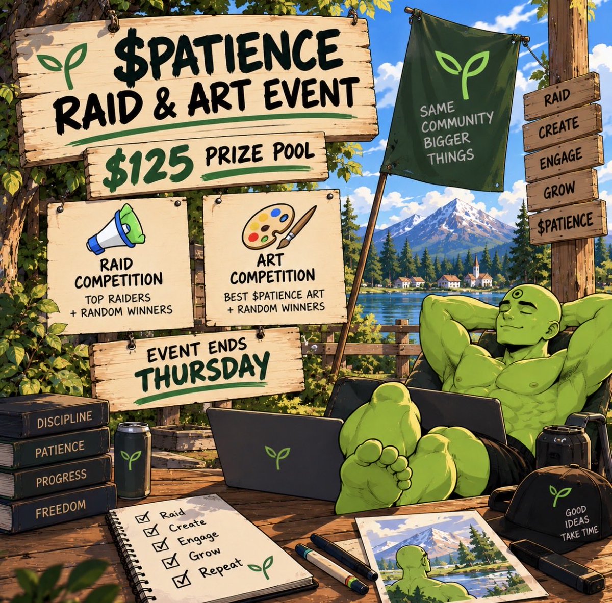 PatienceOnHood's tweet photo. 🚨 $PATIENCE RAID &amp; ART EVENT — REMINDER

$125 in prizes up for grabs between raiders &amp; artists 🌱

Top performers win, plus random winners, so everyone has a shot.

⏳ ENDS THURSDAY.

Keep raiding. Keep creating. Stay $PATIENCE. https://t.co/F2h5qFEQWo