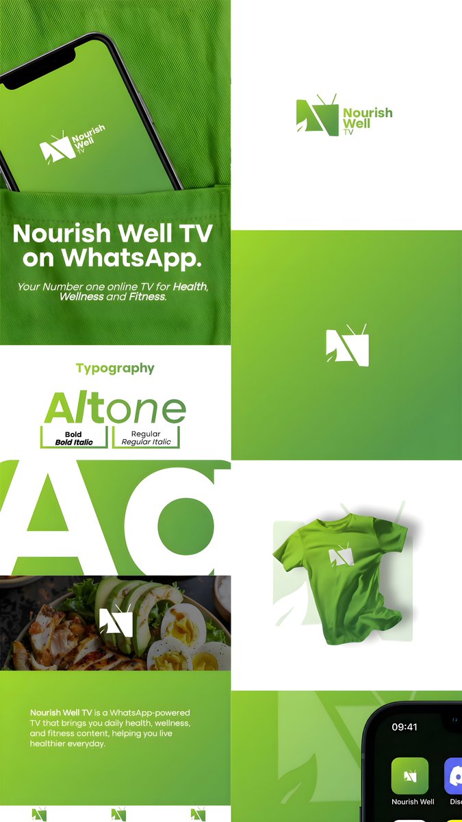 THS_Designer's tweet photo. A client needed a TV brand that lives inside WhatsApp and we delivered!

Meet Nourish Well TV — health, wellness &amp; fitness content, no app download needed.
Swipe/watch the full identity build: logo, colors, typography, app icon, merch 👇
Branded by The Hegemonic Studios 🎨 https://t.co/8DwlLIp4Fi