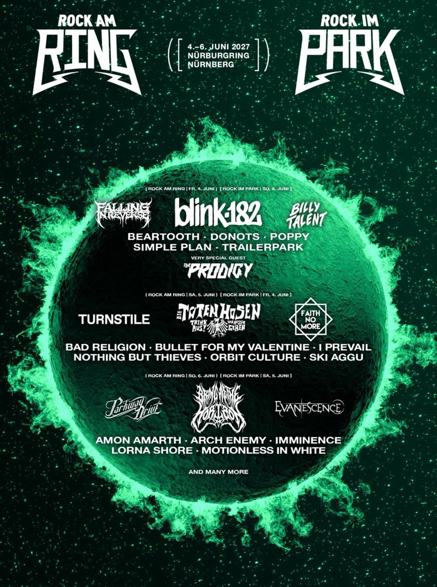 blink182py's tweet photo. 🇩🇪 BLINK-182 EN ALEMANIA
Se dieron a conocer los nuevos headliners y las fechas del Rock And Ring & Rock im Park 2027 dónde blink-182 estará tocando en las ciudades de Nürburgring y Nuremberg.
🗓️ Viernes 4 de junio 🤘🏻 #RAR2027
📍Nuremberg, Bavaria
🎫 https://t.co/qBtNt5WOaX
🗓️ Domingo 6 de junio 🤘🏻 #RIP2027
📍Nürburg, RP
🎫 https://t.co/qAVsKl9MdB