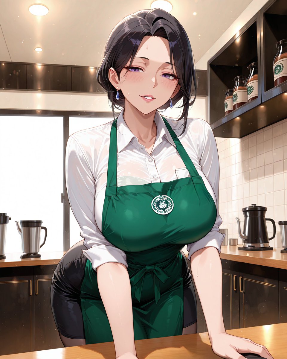 furuzuki000's tweet photo. スタバ風の衣装で働く熟女ウェイトレス MILF 
「連休はどこかに行くの？・・・」 
生成AIイラスト 
#AIart #AIイラスト #AIイラスト好きさんと繋がりたい #MILF https://t.co/Tiza1Qdp4x