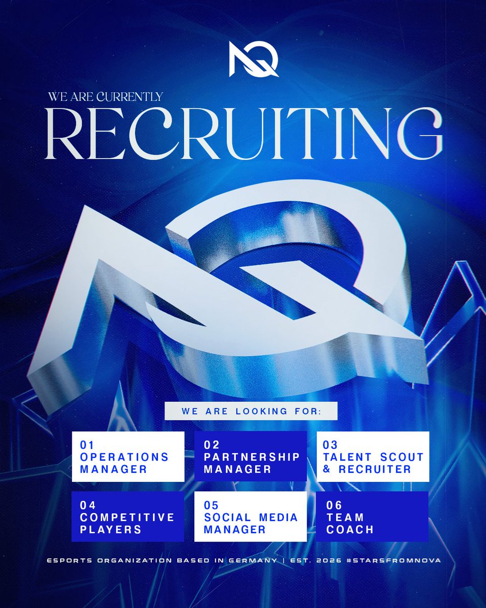 dingraphics's tweet photo. 🔵 Recent work for NovaQ Esports

🔗 My portfolio: https://t.co/YBCmR1U9d9

📩 Commissions open! https://t.co/4iTdiFsuVR