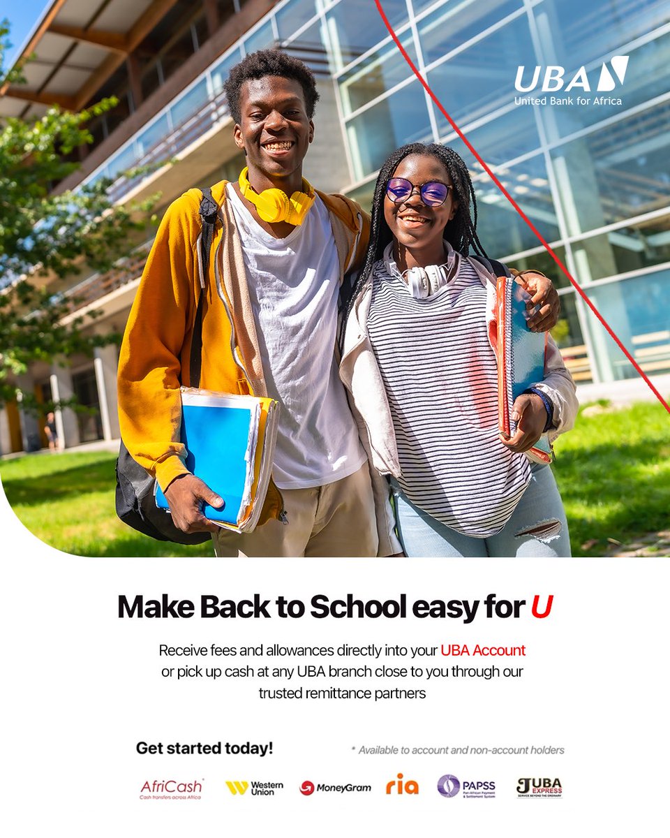 UBAGroup's tweet photo. 𝐌𝐚𝐤𝐞 𝐁𝐚𝐜𝐤-𝐓𝐨-𝐒𝐜𝐡𝐨𝐨𝐥 𝐏𝐥𝐚𝐧𝐬 𝐄𝐚𝐬𝐢𝐞𝐫. 🎒🌍

Whether it’s school fees, allowances, or other essentials, our remittance services make it easier to receive money from loved ones abroad and stay prepared for the new school term.

Receive funds directly into your UBA Account or pick up cash at a UBA branch close to you through our trusted remittance partners.

#AfricasGlobalBank