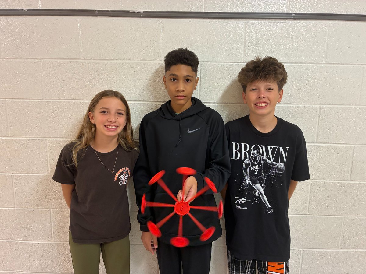 WASDWRECKERS's tweet photo. Our next group of STEAM superstars is Ava, Landon, and Ethan!  Their group’s fidget spinner (Gear Box) won the week’s challenge with a spin time of 30.39 seconds!  Additionally, this group won the technical drawing challenge by creating the most detailed sketches!  GREAT WORK! https://t.co/mLuwtAv66v