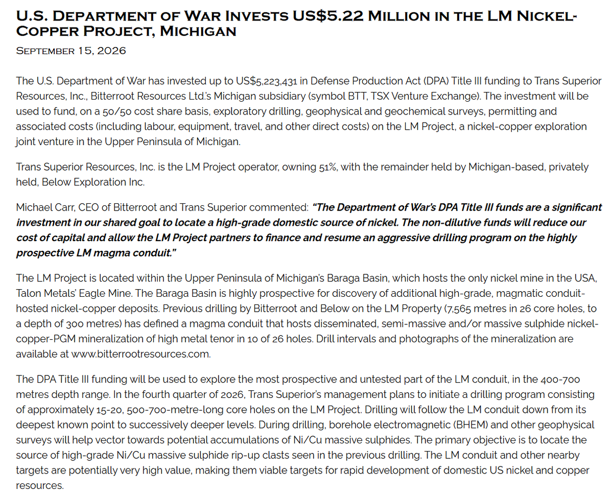 CEOTechnician's tweet photo. U.S. Department of War Invests US$5.22 Million in the LM Nickel-Copper Project, Michigan

God Bless America, and God Bless Michael Carr! 🫡

Hard work and persistence can pay off. $BTT.V @bitterrootltd
