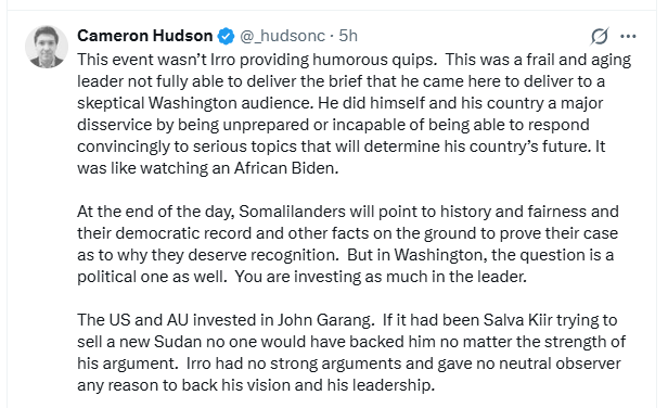 Xasanmxm's tweet photo. @_hudsonc Cameron, your comments are disappointing, especially given your long career dealing with Sudan, South Sudan and African affairs. You have previously recognised the strategic importance of Berbera and Somaliland to U.S. interests, yet now you reduce Somaliland’s case to https://t.co/qRtLaKKclQ