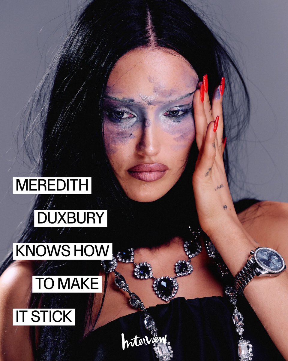 InterviewMag's tweet photo. Five years ago, Meredith Duxbury squeezed 10 pumps of foundation onto her face on camera and helped kick off a new genre of beauty content. For our September issue, the mogul joins us for our beauty column FACE CARD, where she sounded off on impulsivity, peptides, and what it takes to keep going viral.