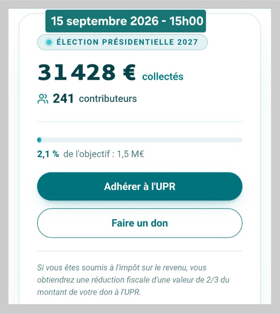 f_asselineau's tweet photo. 💶𝗖𝗢𝗠𝗣𝗧𝗘𝗨𝗥 𝗘𝗡 𝗟𝗜𝗚𝗡𝗘
Nous visons un budget d'au moins
1.500.000 € pour financer la campagne présidentielle de 2027.
Vos adhésions,cotisations,dons
sont incrémentés toutes les 5 minutes dans ce compteur pour suivre l'avancement de la collecte
https://t.co/sbdlfBALNC https://t.co/C6BphX88PD