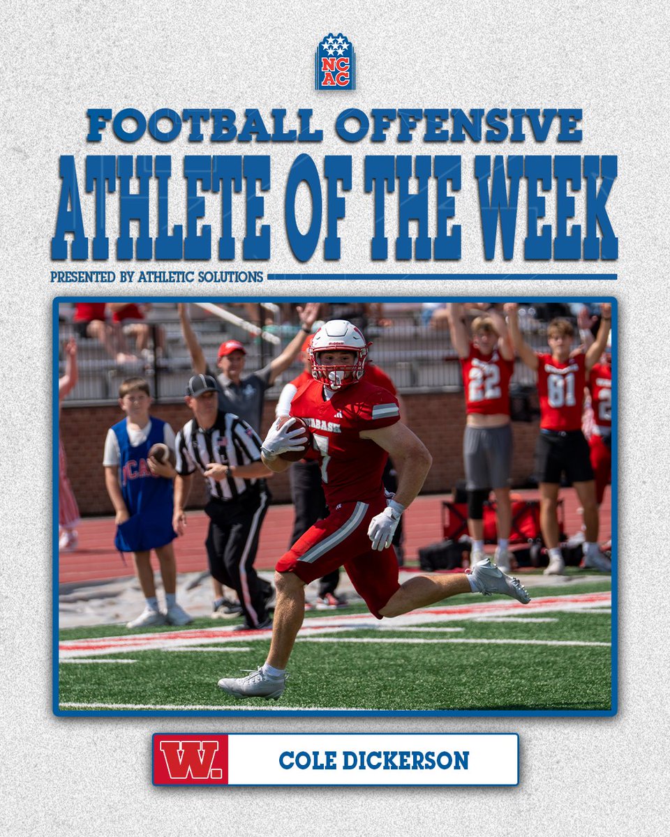 NCAC's tweet photo. Cole Dickerson of Wabash has been named NCAC Offensive Football Athlete of the Week! 🏈

#NCACPride | #ncacfb

📰 https://t.co/0PdQzwY04E https://t.co/3Edvkw2UP1