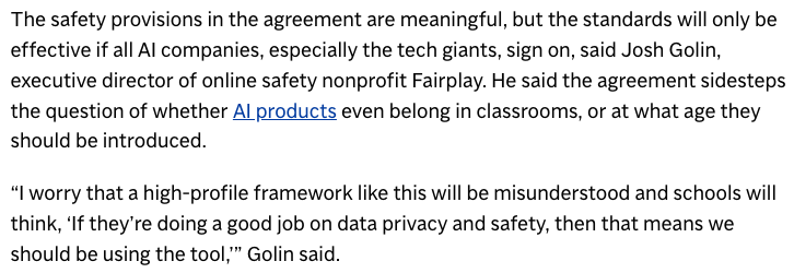fairplayforkids's tweet photo. 💻 Microsoft adopts guardrails &amp; privacy standards for AI in schools after deal with AFT, but as our Executive Director Josh Golin notes, this doesn’t mean AI tools are safe to be used in schools! 🤖 https://t.co/Vj6J9NsLj8
