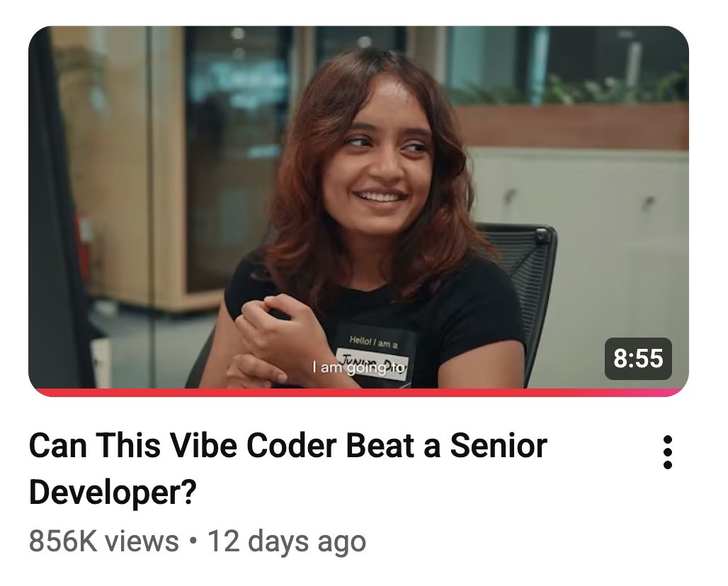 hackerrank's tweet photo. Our video on Senior Dev vs Junior Dev vs Vibe Coder just crossed 850k views on YouTube 🎉

We're shooting the next one in NYC early next month, and we're looking for all 3 roles.

Nominate yourself or someone you know: https://t.co/vAPPt9p3AL https://t.co/8qslvSGZPD