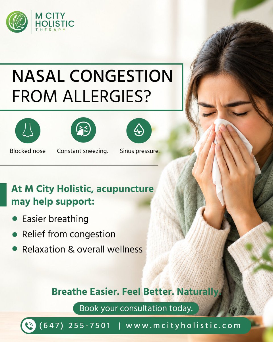 mcityholistic's tweet photo. Blocked nose, constant sneezing, or sinus pressure? Allergies can make even a normal day feel uncomfortable.

Don’t let allergies slow you down. Breathe easier. Feel better. Naturally.
Book your consultation today!
(647) 255-7501 | https://t.co/D55LU55XwN 

#MCityHolistic https://t.co/1ZVuVLSSsU