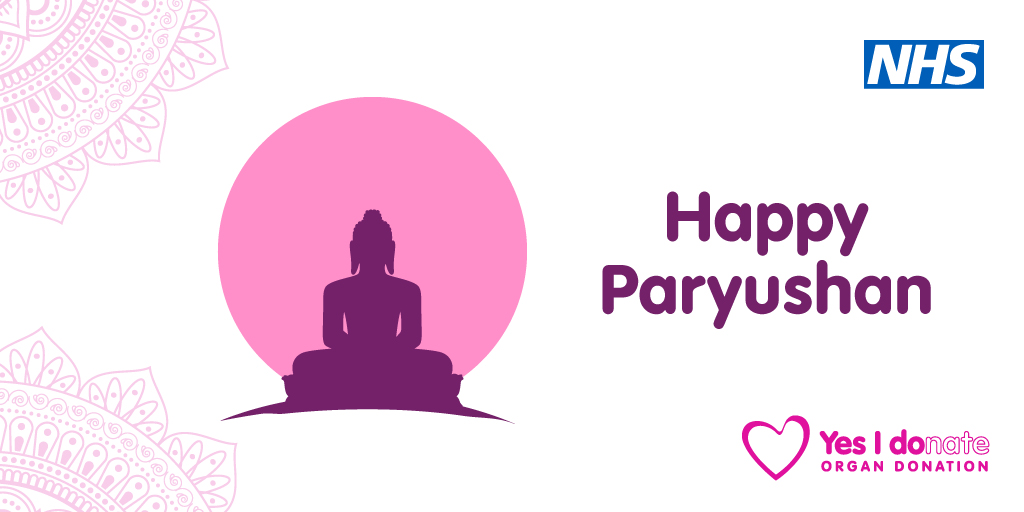 Silhouette of a meditating Buddha with a pink circle background and 'Happy Paryushan' greeting alongside NHS and Yes I donate logos.