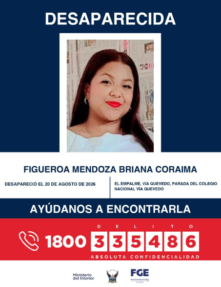 radio_pichincha's tweet photo. 🛑#Atención | Figueroa Mendoza Briana Coraima está reportada como desaparecida. Fue vista por última vez el 20 de agosto de 2026 en la parada del Colegio Nacional vía Quevedo, en #ElEmpalme. Si tienes alguna información sobre su paradero comunícate al 1800 (335486).
#LaRadioDeLasNoticias