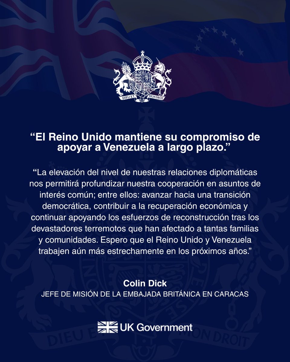 UKinVenezuela's tweet photo. El Gobierno del Reino Unido anunció hoy #15Septiembre que elevará el nivel de sus relaciones diplomáticas con Venezuela. 

El texto completo de la declaración presentada ante el Parlamento del Reino Unido por el Ministro para América Latina, Chris Elmore, está disponible aquí:
 https://t.co/8IvYcJEn4X