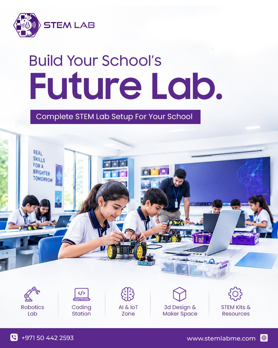 stemlabme's tweet photo. Build your school’s future with a complete STEM Lab setup by STEM LAB!

🚀 Give students hands-on learning experiences in robotics, coding, AI, IoT, 3D design, and maker activities. 

#stemlab #stemeducation #stemlabsetup #roboticslab #codingforkids #aiforkids #iot #robotics https://t.co/QCoxCiJpkR