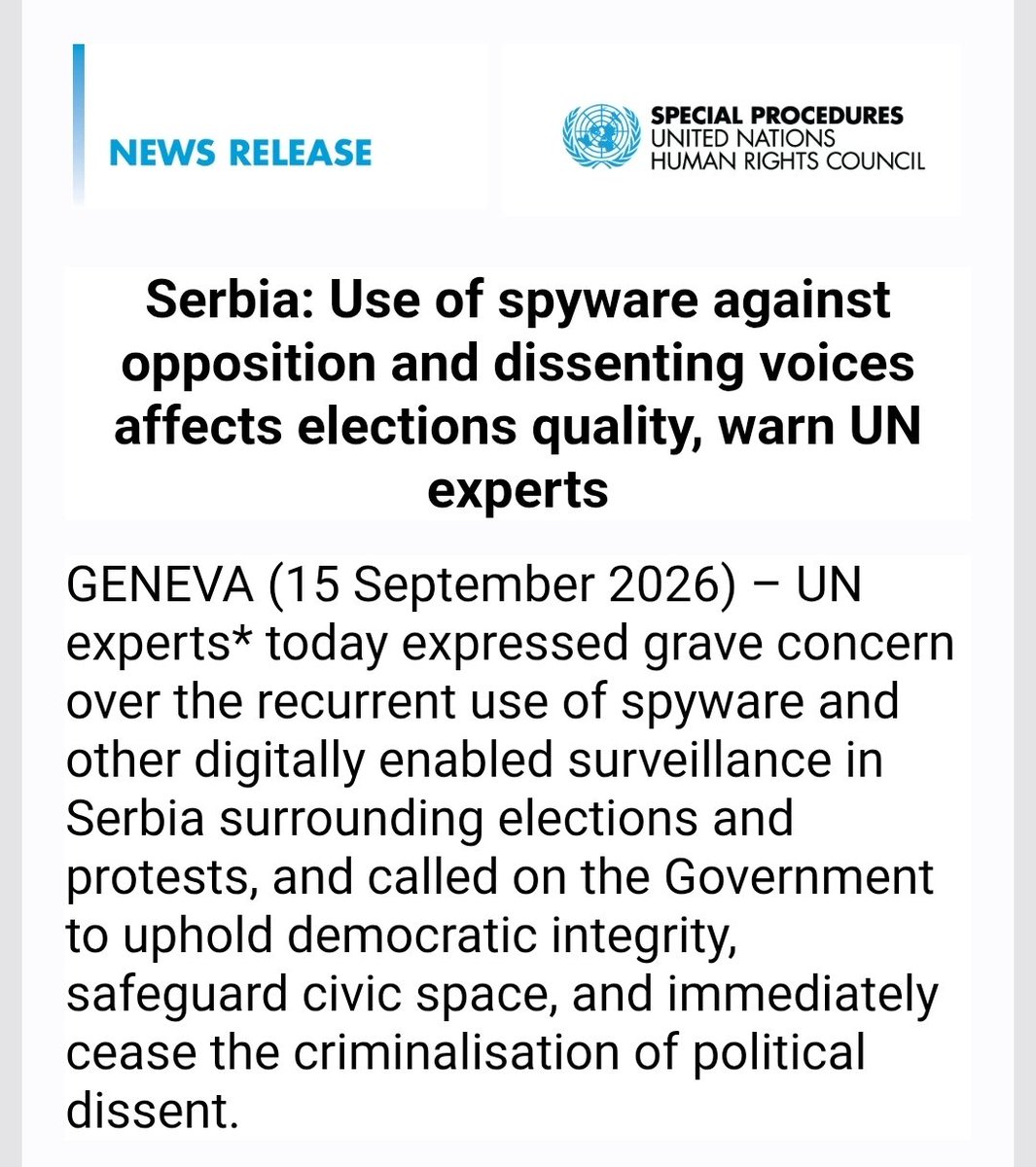 FIGHT_4_RIGHT_S's tweet photo. Ujedinjene nacije - Savet  za ljudska prava UPRAVO je izdao saopštenje u kom navodi da špijuniranje opozicije i  disidenata direktno utiče na kvalitet izbora. 

Ovo je novi pokazatelj da ukoliko Vučić pokrade izbore u Srbiji -  oni neće biti priznati. 

Do pobede! https://t.co/uEycy4BY2G