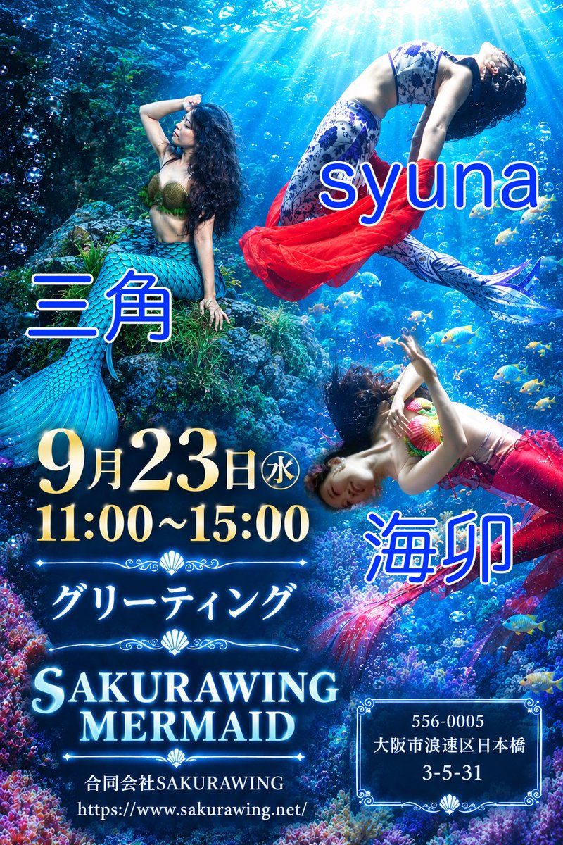 Umiunoningyo's tweet photo. 9月23日(水)
11:00~15:00
シルバーウィーク最終日！！

✨無料グリーティング開催✨

自由に泳ぐ人魚を眺めて、癒されてくださいまし😊

3匹の人魚が日本橋でお待ちしております🧜‍♀️🧜‍♀️🧜‍♀️

@sakurawing_llc https://t.co/8x6L4ITkTF