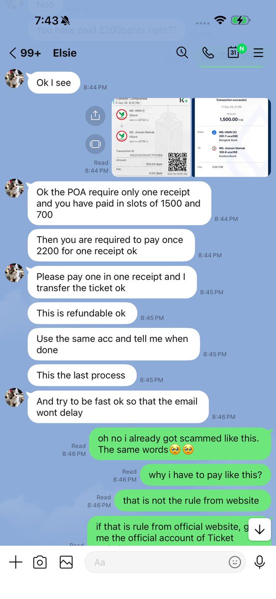 howelenaa's tweet photo. Attention Pls❗️ 
I was trying to buy ticket from this acc @BettRichie29679 she said the price is 700 but after that she asked me to transfer again i thought may be extra fees for changing name but don't refund me back money &amp; also ticket. And she is refusing she is not scammer.😂 https://t.co/jM3kioJxsZ