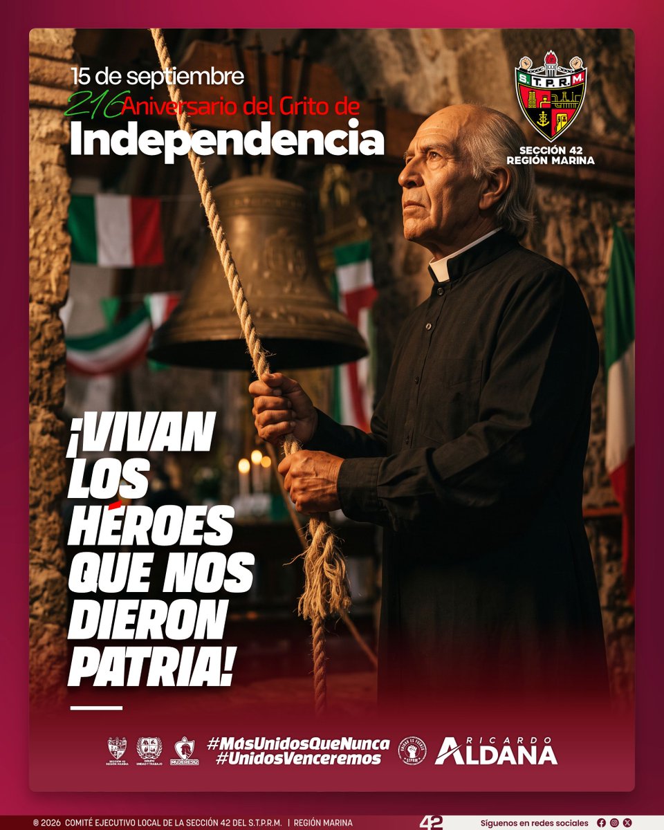 Seccion42_STPRM's tweet photo. 15 de septiembre  |  Grito de Independencia

Hoy conmemoramos uno de los momentos más trascendentes de nuestra historia: el llamado que encendió el espíritu de libertad y dio inicio al camino hacia la soberanía nacional. El Grito de Independencia sigue siendo un recordatorio de valentía, unidad y amor por México; valores que hoy nos inspiran a seguir construyendo un país más fuerte y digno para todas y todos.

En la Sección 42 honramos a los héroes que nos dieron patria y celebramos el orgullo de ser parte de una nación que se levanta, lucha y avanza unida. ¡Que viva México y que viva nuestra independencia!

#SomosSTPRM #MásUnidosQueNunca #UnidosVenceremos 
@lgps03101 @MarcoAzuara1