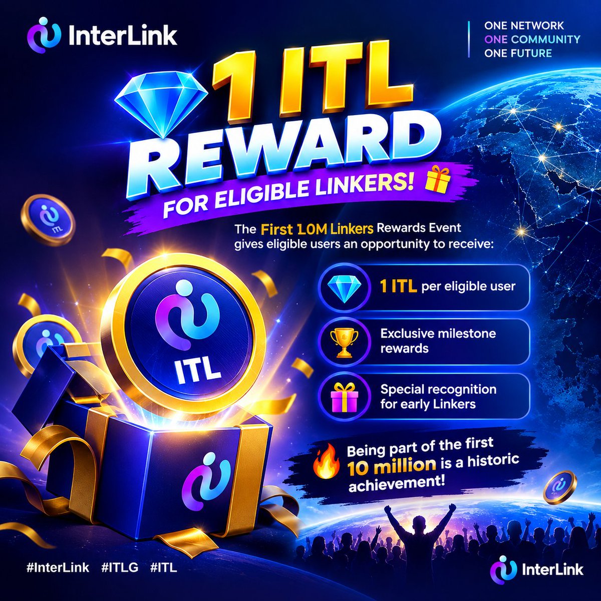MararaInter3yj's tweet photo. 1 ITL Reward
Writing
💎🚀 1 ITL REWARD FOR ELIGIBLE LINKERS! 🎁🌍
The First 10M Linkers Rewards Event gives eligible users an opportunity to receive:
💎 1 ITL per eligible user 🏆 Exclusive milestone rewards 🎁 Special recognition for early Linkers
#InterLink #ITLG #ITL https://t.co/6CWFmLZyLm